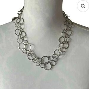 Vintage Silver-tone Hammered Hoops Long Necklace